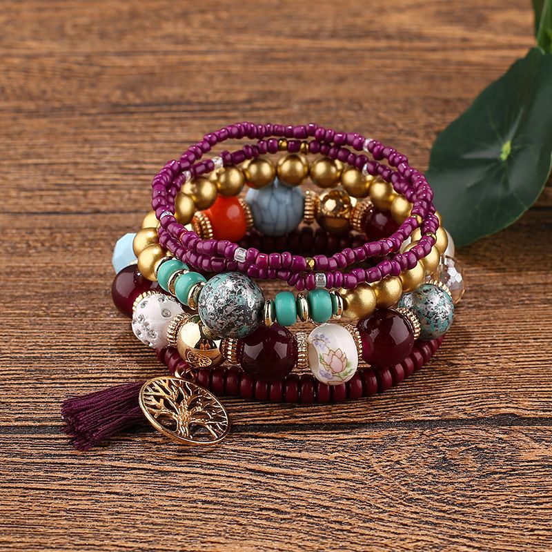 Tree Of Life Pendant Beaded Layered Bracelet Set Fringe Pompomy Charm Bracelet Beaded Jewelry Accessory