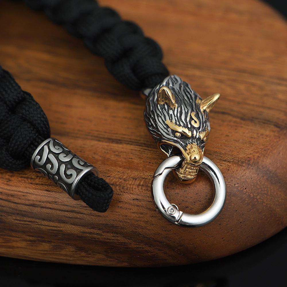 Norse Viking Mythology Stainless Steel Paracord Wolf Head Bracelet