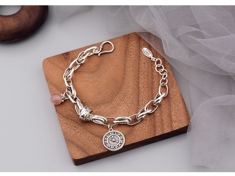 Fashion Round Brand Strawberry Crystal Thai Silver Bracelet Female Simple Personality Cold Wind Retro Old Heavy Hand Jewelry