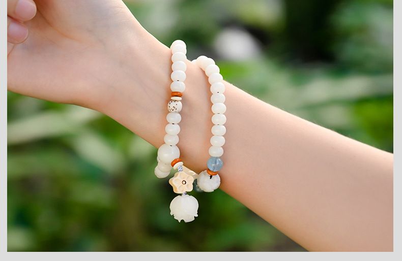 Badu Natural White Jade Bodhi Root Lotus Double Circle Bracelet Female Bracelet Ethnic Style Zen Clothing Accessories