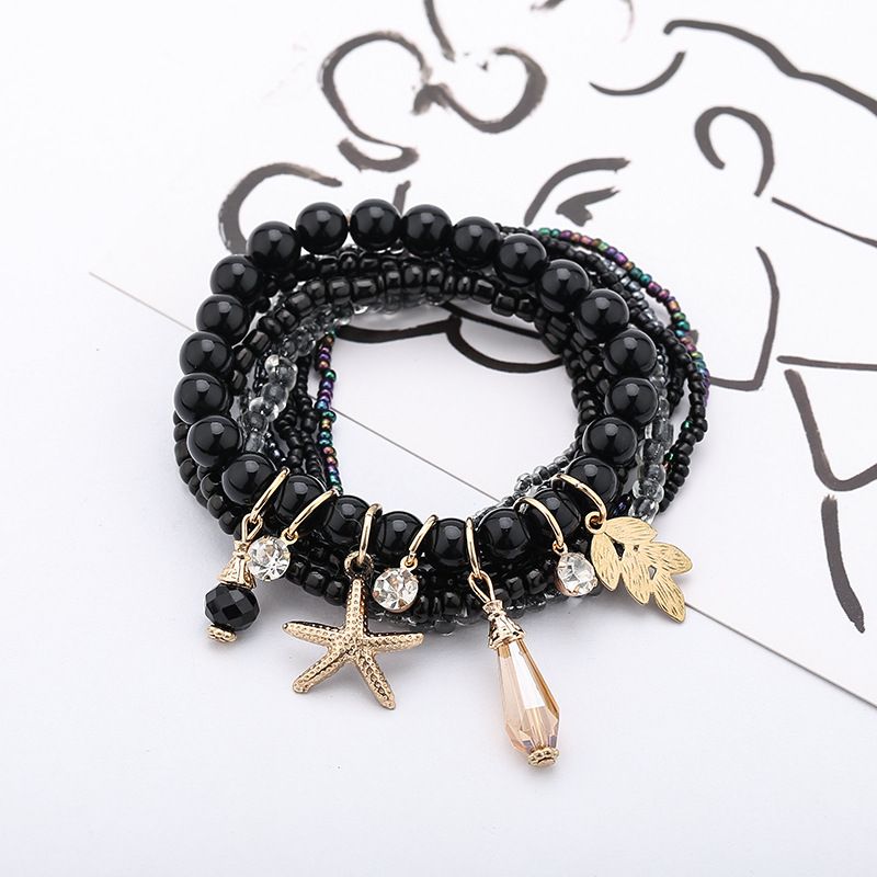 Leaf & Starfish Pendant Beaded Bracelet Boho Style Multilayer Stackable Beaded Bracelet Set Multicolor Hand Jewelry