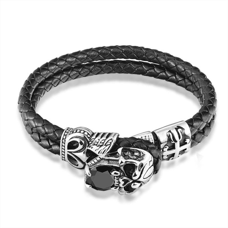 Men's Leather Bracelet Braided Rope Skull