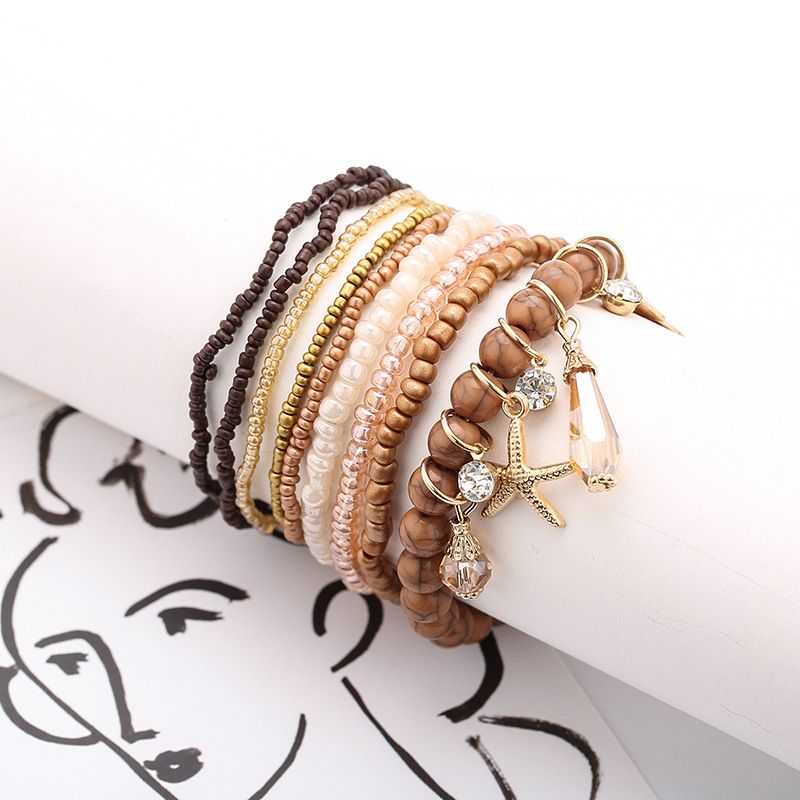 Leaf & Starfish Pendant Beaded Bracelet Boho Style Multilayer Stackable Beaded Bracelet Set Multicolor Hand Jewelry