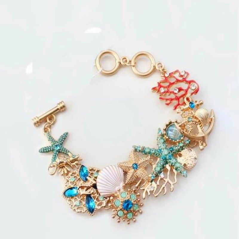 1pc Boho Ocean Element Bracelet Copper Inlaid Diamond Metal Starfish Coral Shell DIY Charm Bracelet Jewelry Accessories