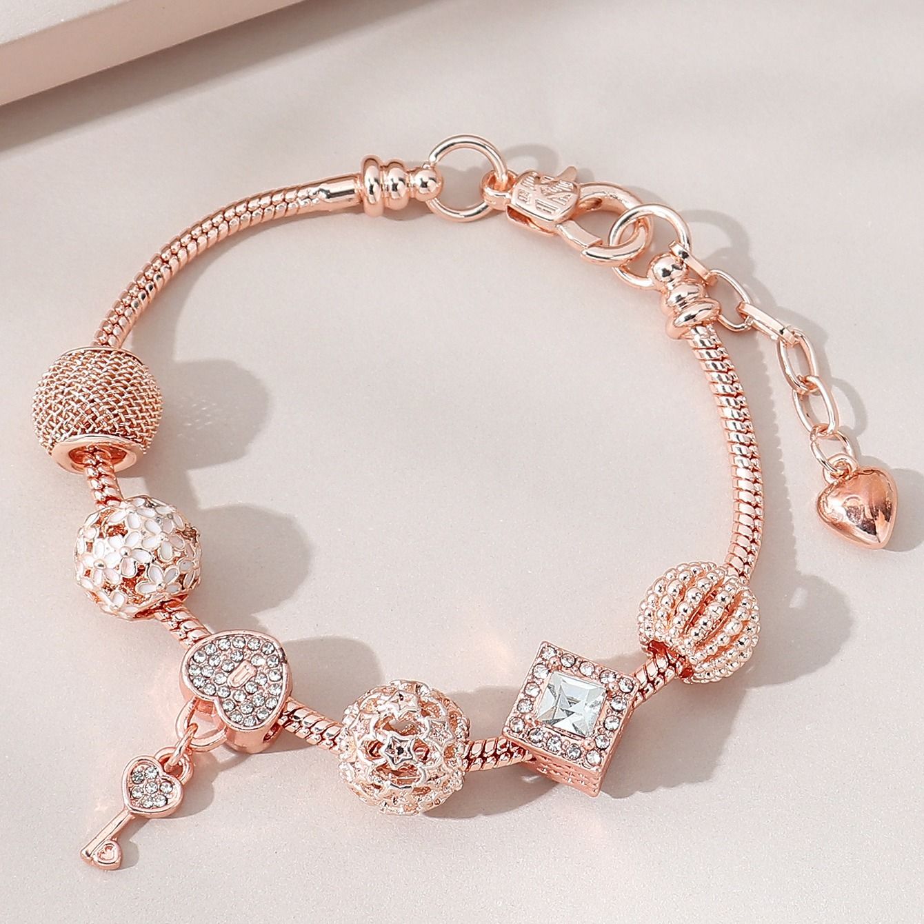 Key Shape Beaded Charm Bracelet Flower & Star Shape Pattern In Lantern Beads Snake Chain Bracelet