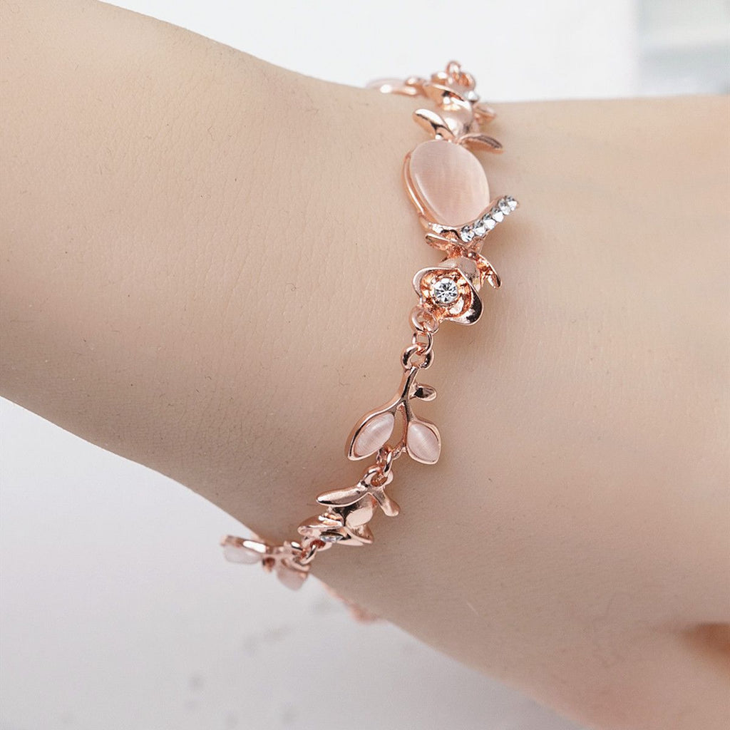Flower & Leaf Shape Shiny Chain Bracelet Engagement Jewelry Gift Adjustable Hand Jewelry Decor