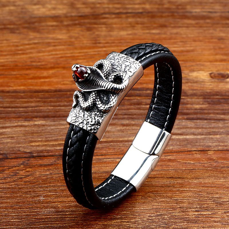 Personalized Retro Ornament Titanium Steel Men's Leather Cobra Bracelet