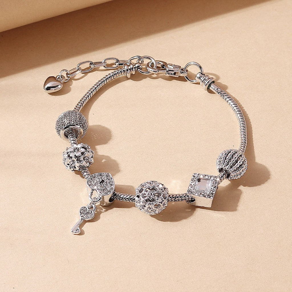 Key Shape Beaded Charm Bracelet Flower & Star Shape Pattern In Lantern Beads Snake Chain Bracelet