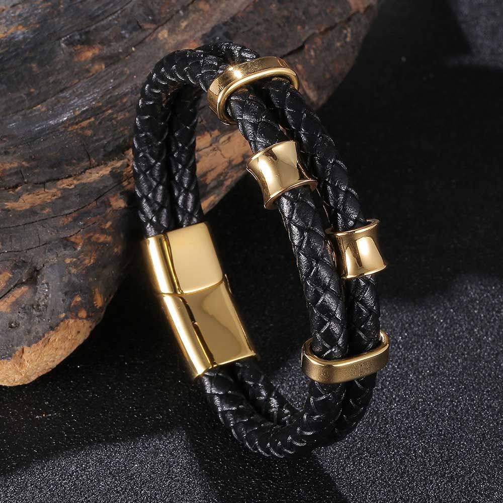 Leather Rope Stainless Steel Leather Braided Bracelet Genuine Leather Multilayer Jewelry Men's