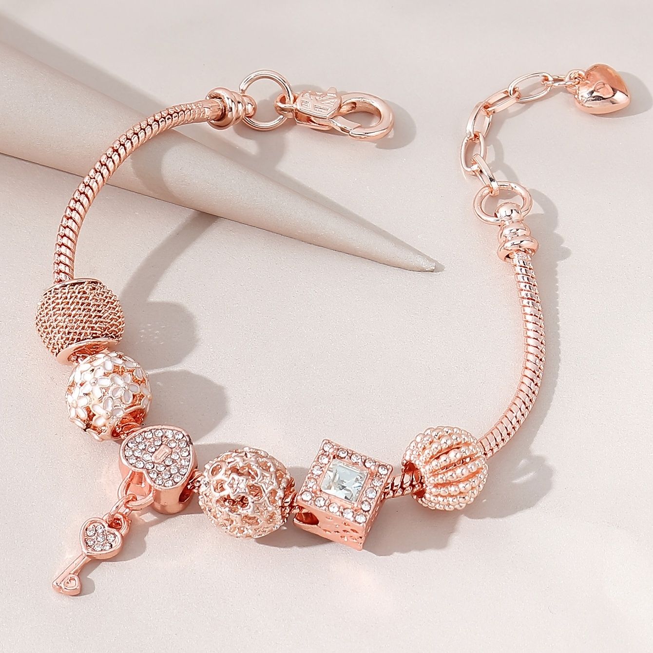 Key Shape Beaded Charm Bracelet Flower & Star Shape Pattern In Lantern Beads Snake Chain Bracelet