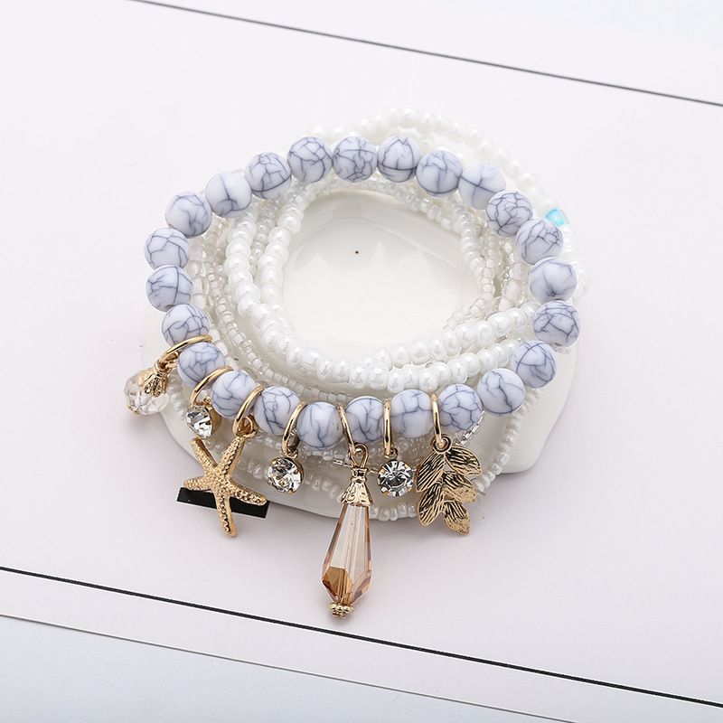 Leaf & Starfish Pendant Beaded Bracelet Boho Style Multilayer Stackable Beaded Bracelet Set Multicolor Hand Jewelry