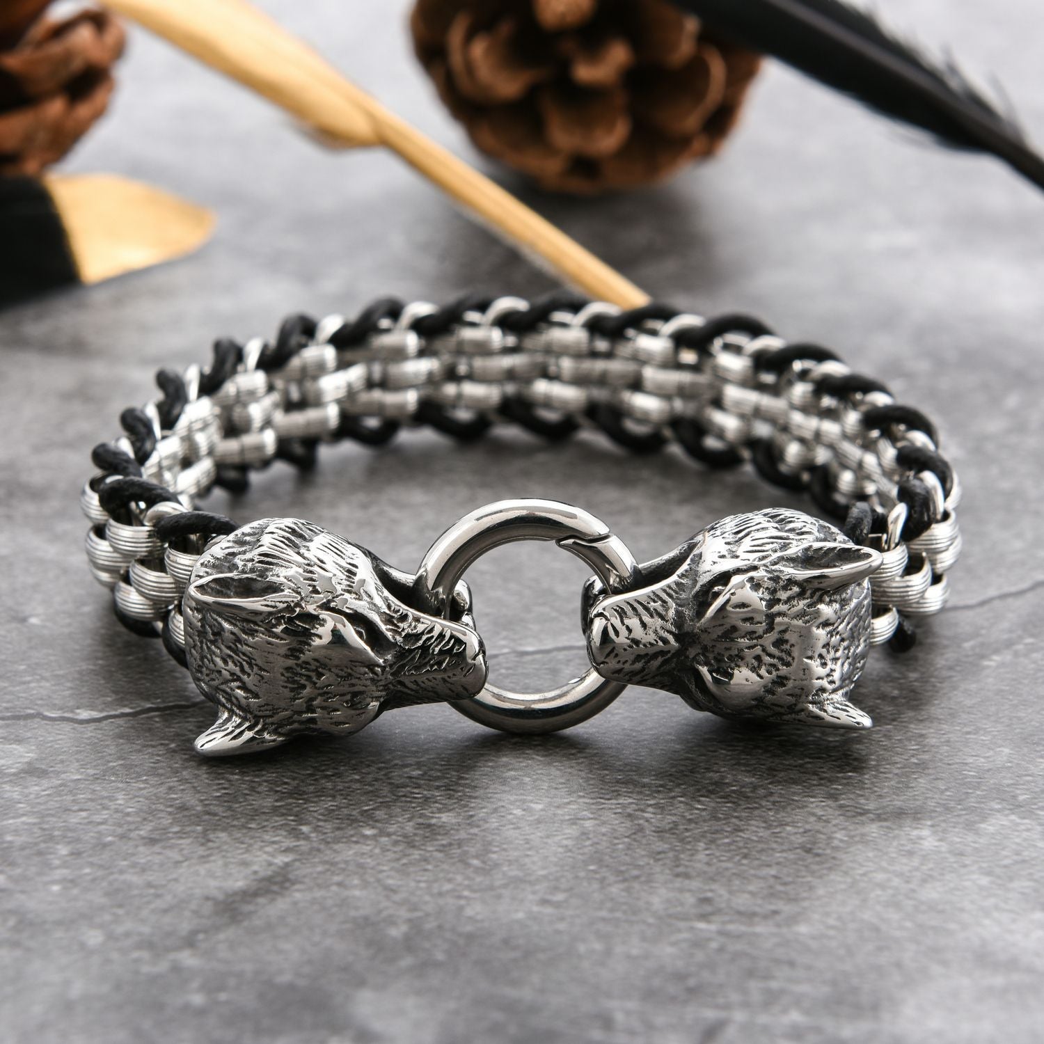 European And American Punk Stainless Steel Double Wolf Head Buckle Woven Men's Bracelet