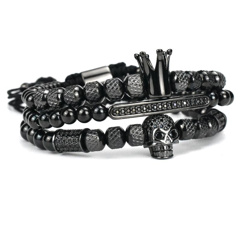 Men's Retro Crown Ghost Head Braided Stainless Steel Skull Bracelet Set