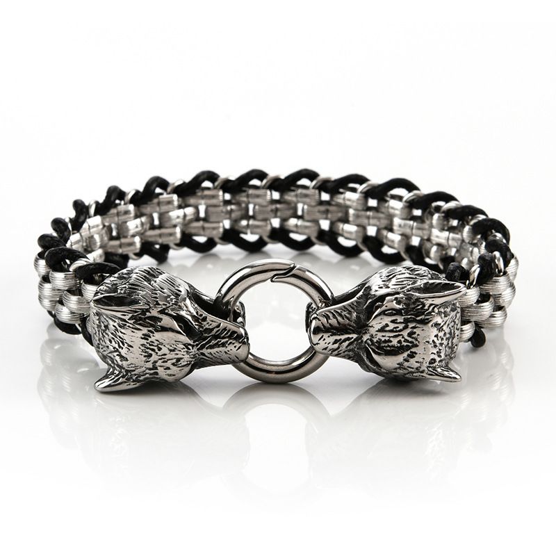 European And American Punk Stainless Steel Double Wolf Head Buckle Woven Men's Bracelet