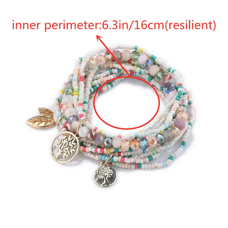 Simple Beaded Bracelet Set Tree Of Life Shape Pendant Stackable Boho Style Hand Jewelry