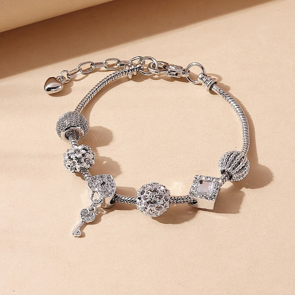 Key Shape Beaded Charm Bracelet Flower & Star Shape Pattern In Lantern Beads Snake Chain Bracelet