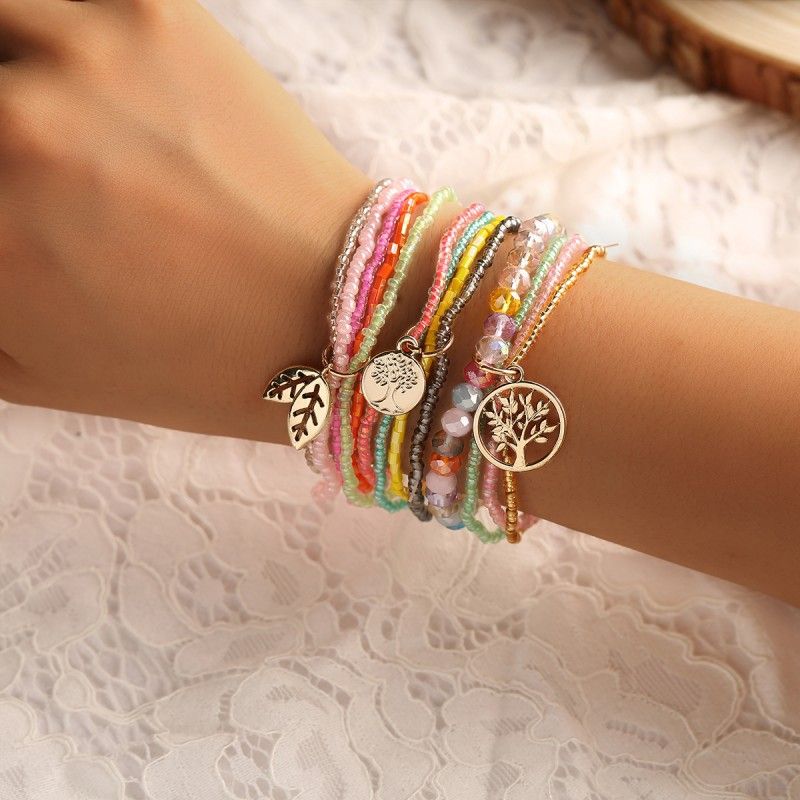 Simple Beaded Bracelet Set Tree Of Life Shape Pendant Stackable Boho Style Hand Jewelry