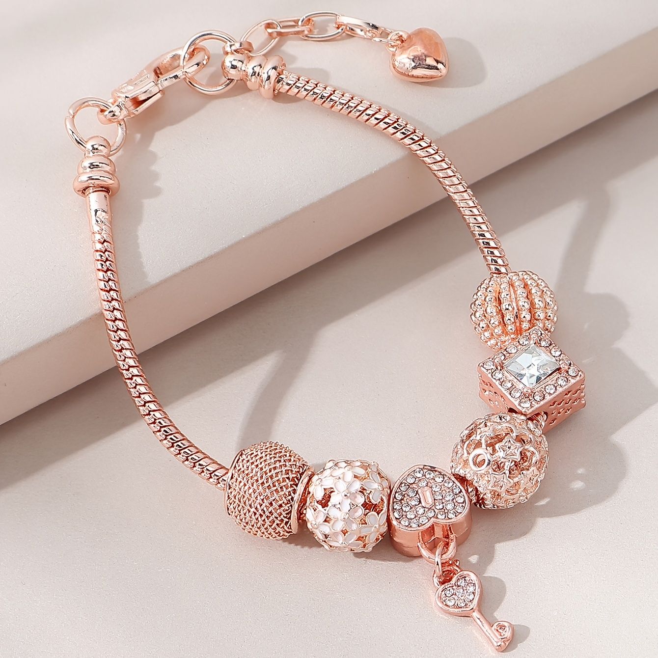 Key Shape Beaded Charm Bracelet Flower & Star Shape Pattern In Lantern Beads Snake Chain Bracelet