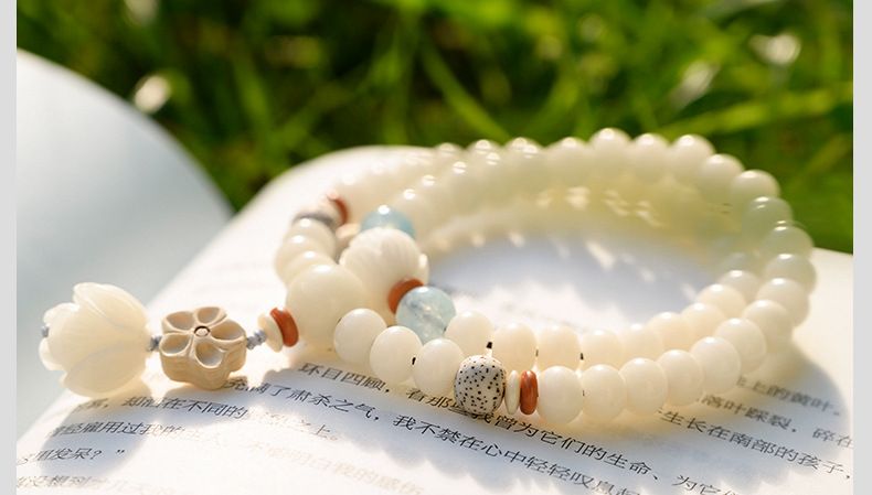 Badu Natural White Jade Bodhi Root Lotus Double Circle Bracelet Female Bracelet Ethnic Style Zen Clothing Accessories