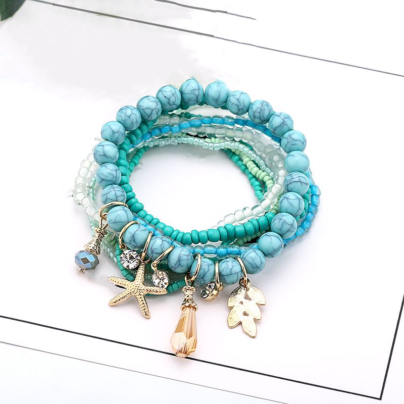 Leaf & Starfish Pendant Beaded Bracelet Boho Style Multilayer Stackable Beaded Bracelet Set Multicolor Hand Jewelry
