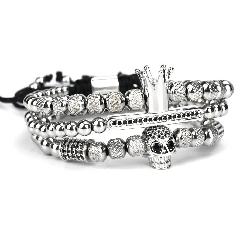 Men's Retro Crown Ghost Head Braided Stainless Steel Skull Bracelet Set