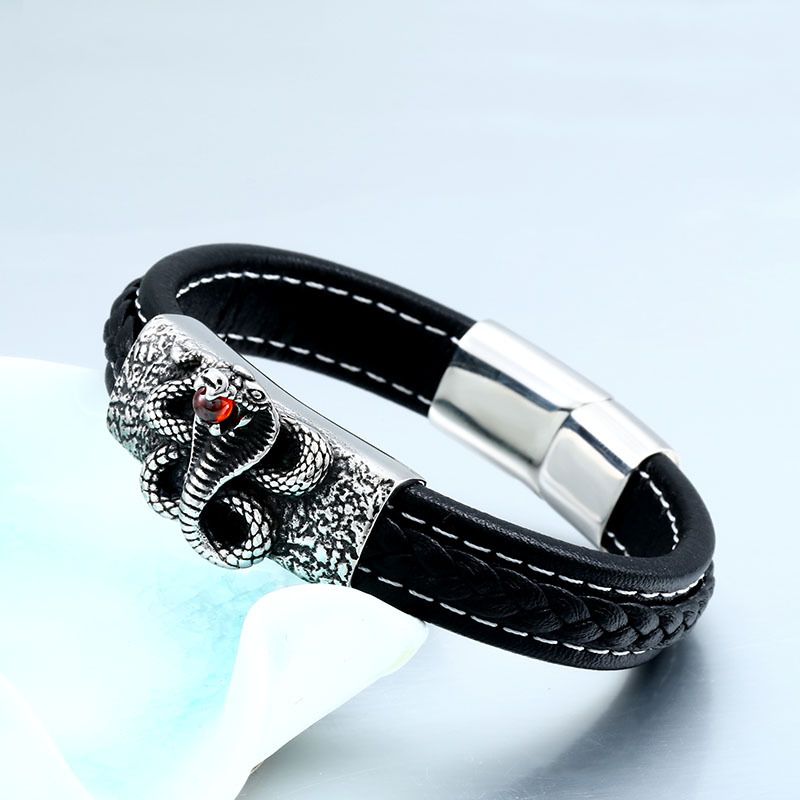 Personalized Retro Ornament Titanium Steel Men's Leather Cobra Bracelet