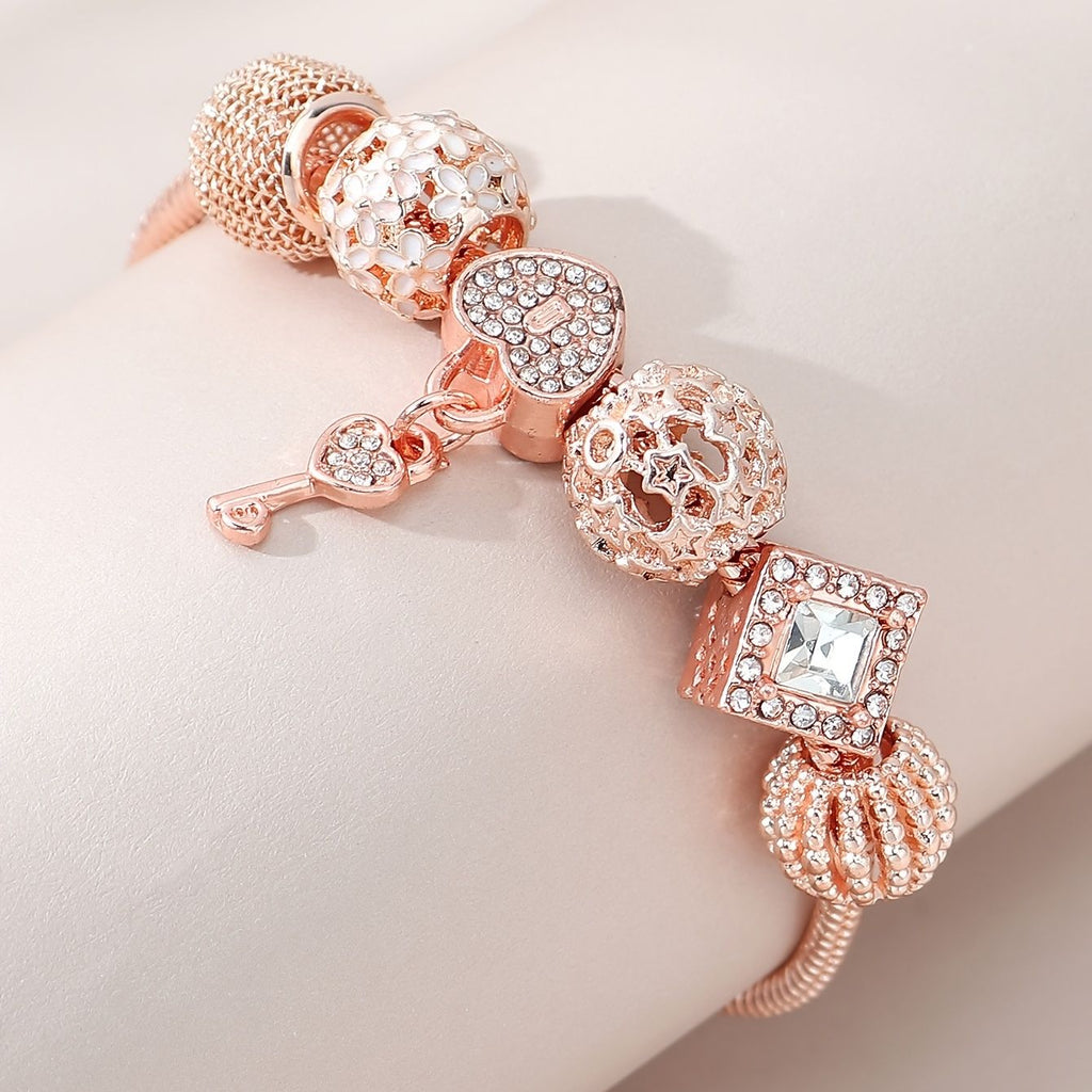Key Shape Beaded Charm Bracelet Flower & Star Shape Pattern In Lantern Beads Snake Chain Bracelet