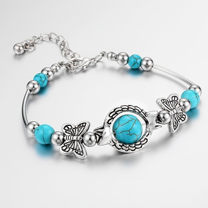 Charm Vintage Jewelry Silver Natural Turquoise Women Girl Butterfly Bracelet Chain Beads Bracelet & Bangle Wedding Gift