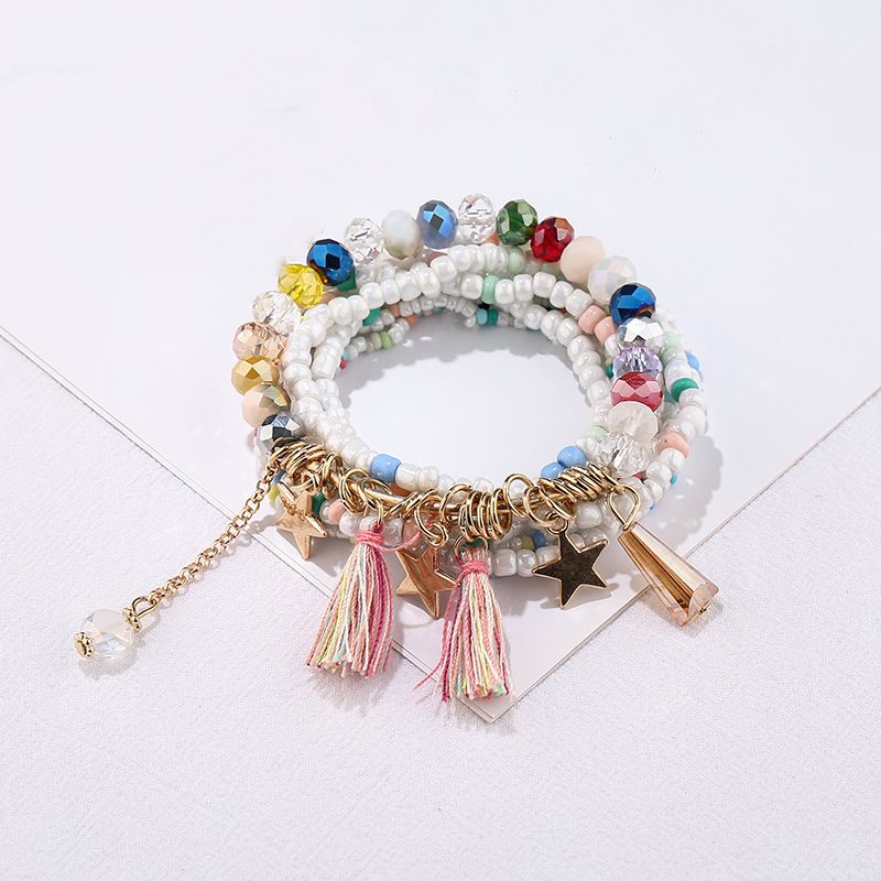 Tassel & Star Pendant Bracelet Boho Style Multilayer Stackable Beaded Bracelet Set Multicolor Hand Jewelry