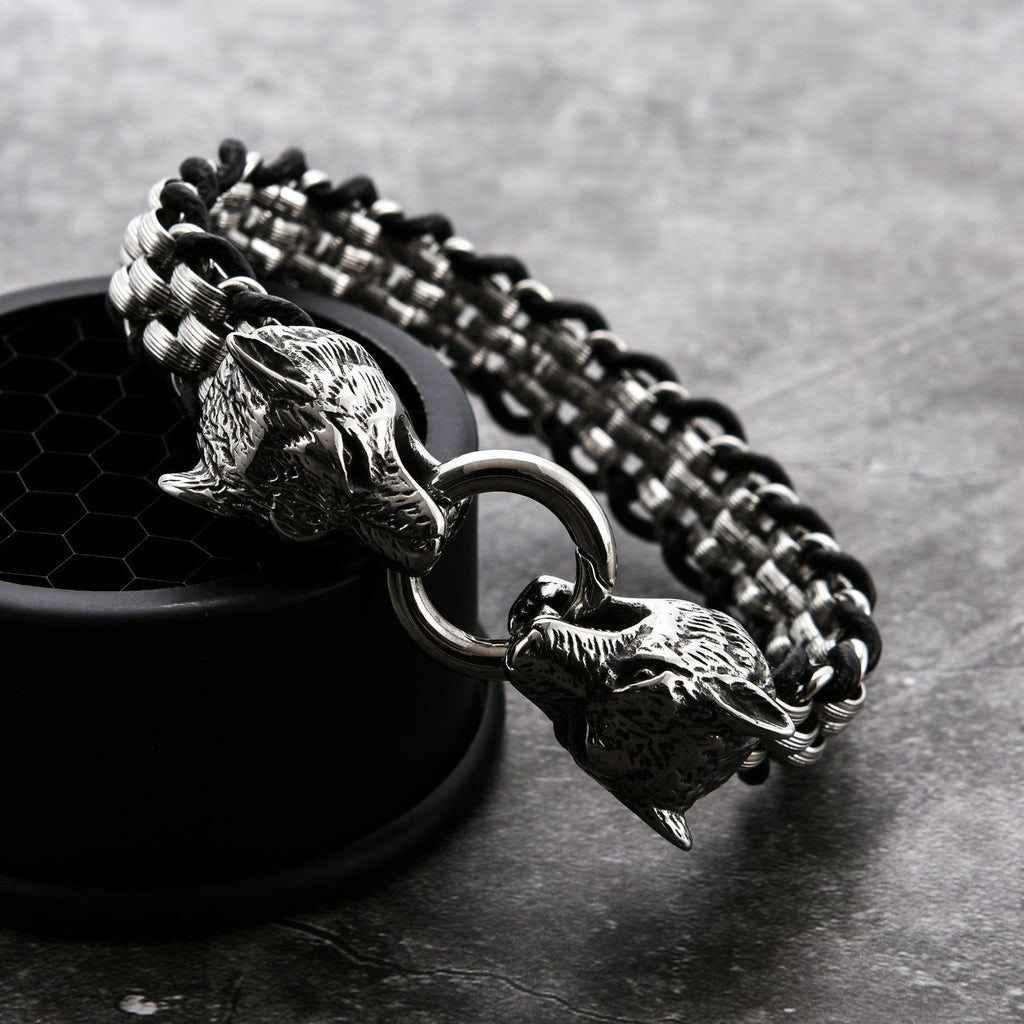 European And American Punk Stainless Steel Double Wolf Head Buckle Woven Men's Bracelet