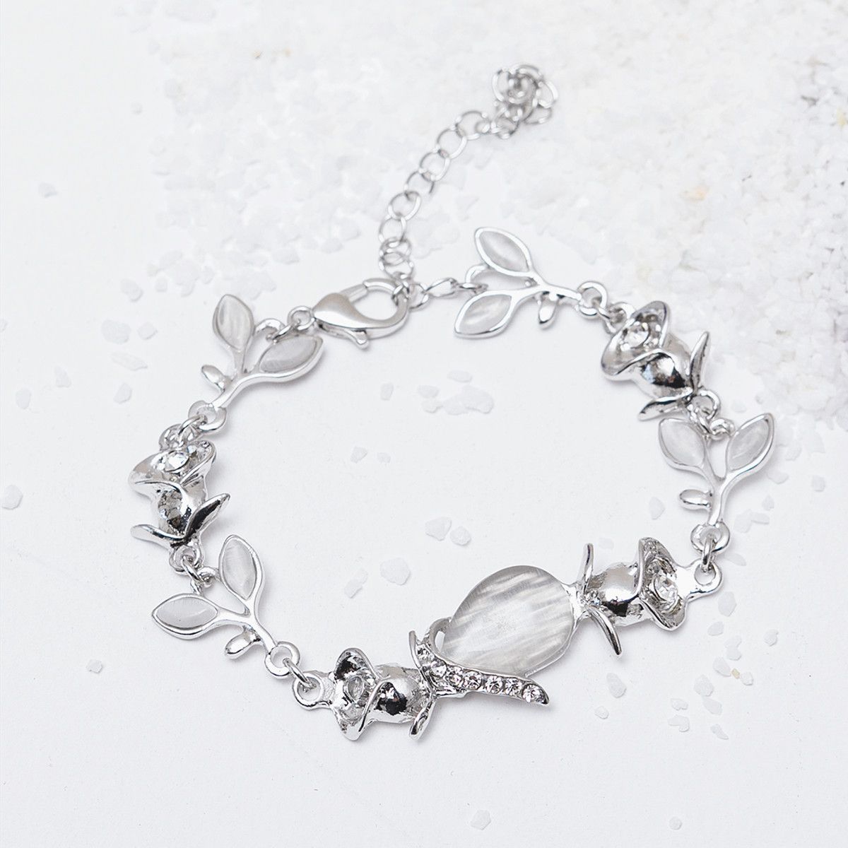 Flower & Leaf Shape Shiny Chain Bracelet Engagement Jewelry Gift Adjustable Hand Jewelry Decor