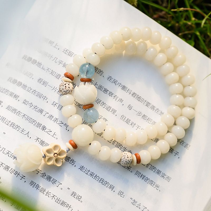 Badu Natural White Jade Bodhi Root Lotus Double Circle Bracelet Female Bracelet Ethnic Style Zen Clothing Accessories