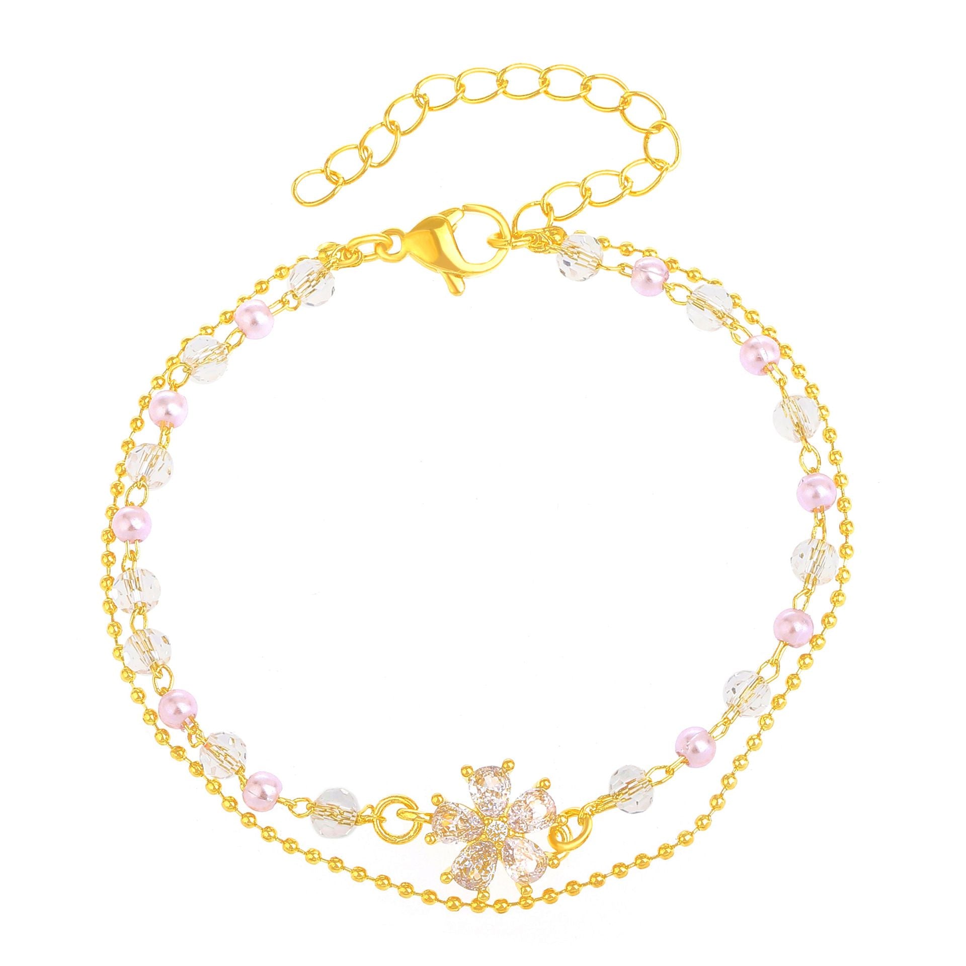 Women's Fashion Pearl Double Crystal Flower Bracelet