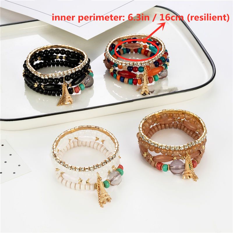 Mini Tower Charm Layered Bracelet Possum Beaded Bracelet Set Fashion Jewelry Accessory