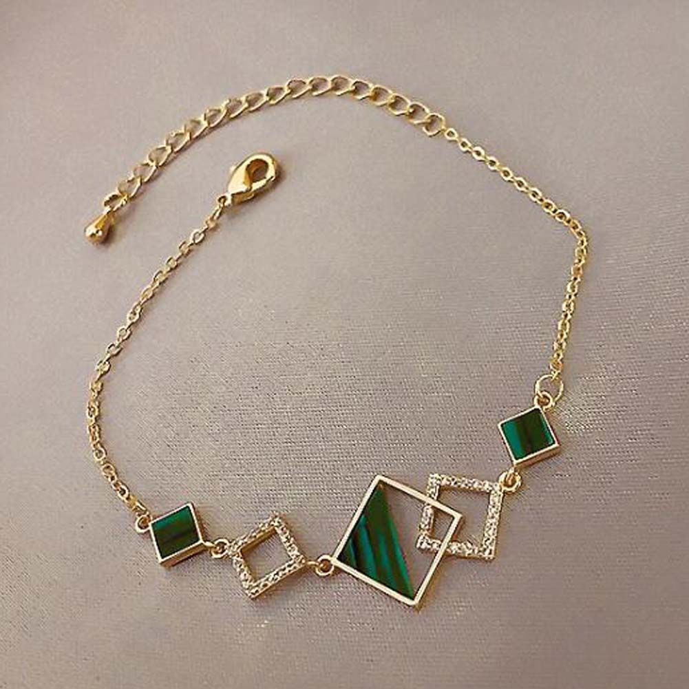 Electroplated Gold Color Chain Bracelet Geometric Rhinestone Charm Bracelet Link Bracelet for Women; Green