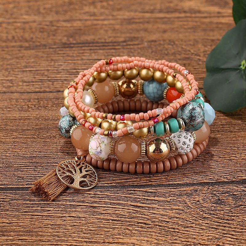 Tree Of Life Pendant Beaded Layered Bracelet Set Fringe Pompomy Charm Bracelet Beaded Jewelry Accessory