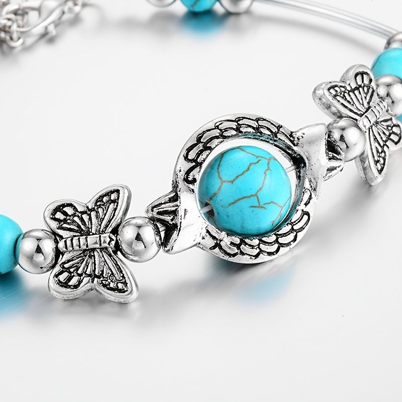 Charm Vintage Jewelry Silver Natural Turquoise Women Girl Butterfly Bracelet Chain Beads Bracelet & Bangle Wedding Gift