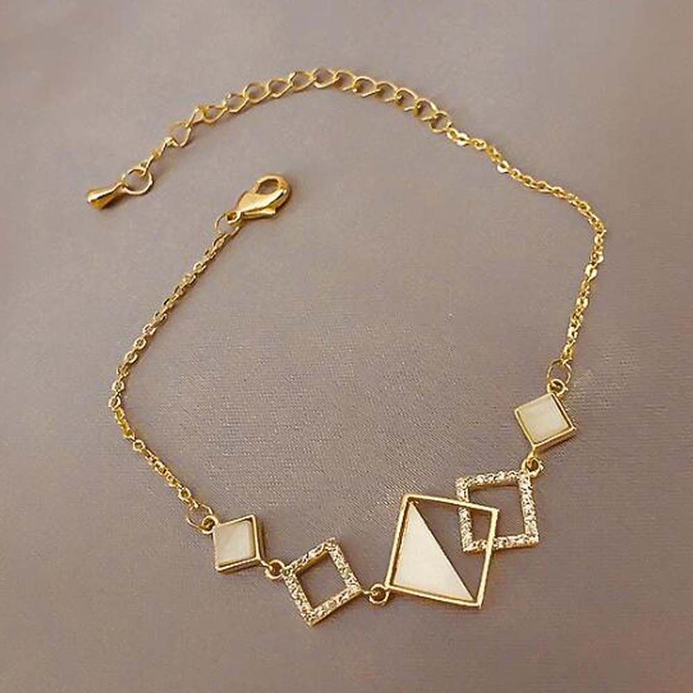 Electroplated Gold Color Chain Bracelet Geometric Rhinestone Charm Bracelet Link Bracelet for Women; White
