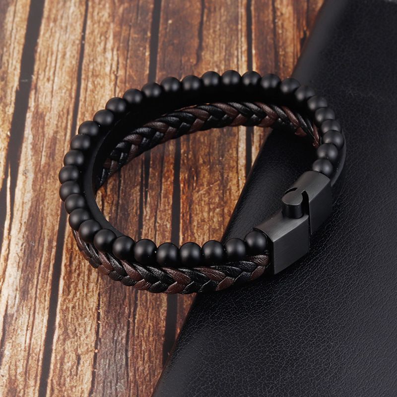 Natural Stone Lava Stone Bracelet Stainless Steel Leather
