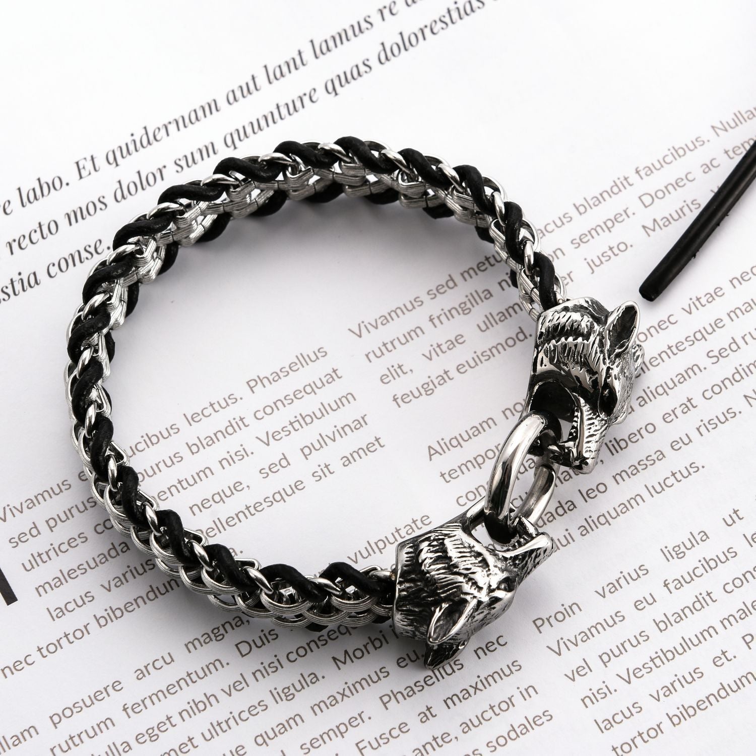 European And American Punk Stainless Steel Double Wolf Head Buckle Woven Men's Bracelet