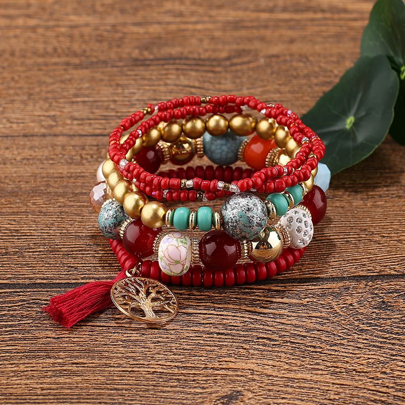 Tree Of Life Pendant Beaded Layered Bracelet Set Fringe Pompomy Charm Bracelet Beaded Jewelry Accessory
