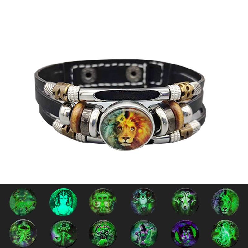 European And American Retro Step-on Line Buckle Twelve Constellation Luminous Bracelet Ornament Leather Bracelet Men's And Women's Bracelet