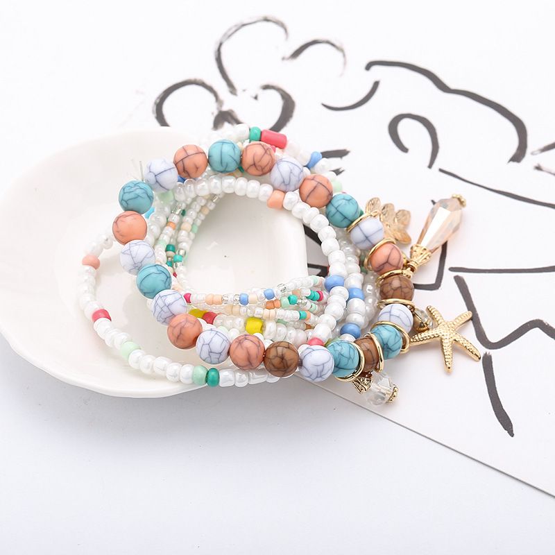 Leaf & Starfish Pendant Beaded Bracelet Boho Style Multilayer Stackable Beaded Bracelet Set Multicolor Hand Jewelry