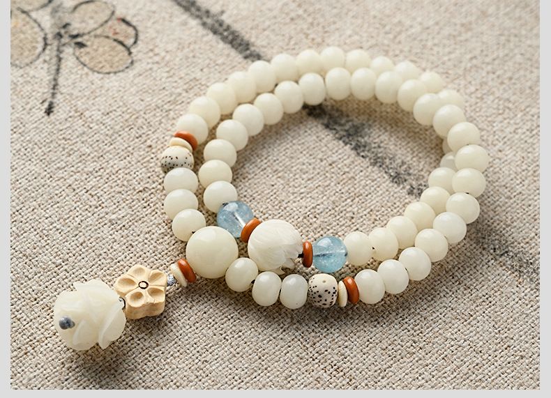 Badu Natural White Jade Bodhi Root Lotus Double Circle Bracelet Female Bracelet Ethnic Style Zen Clothing Accessories