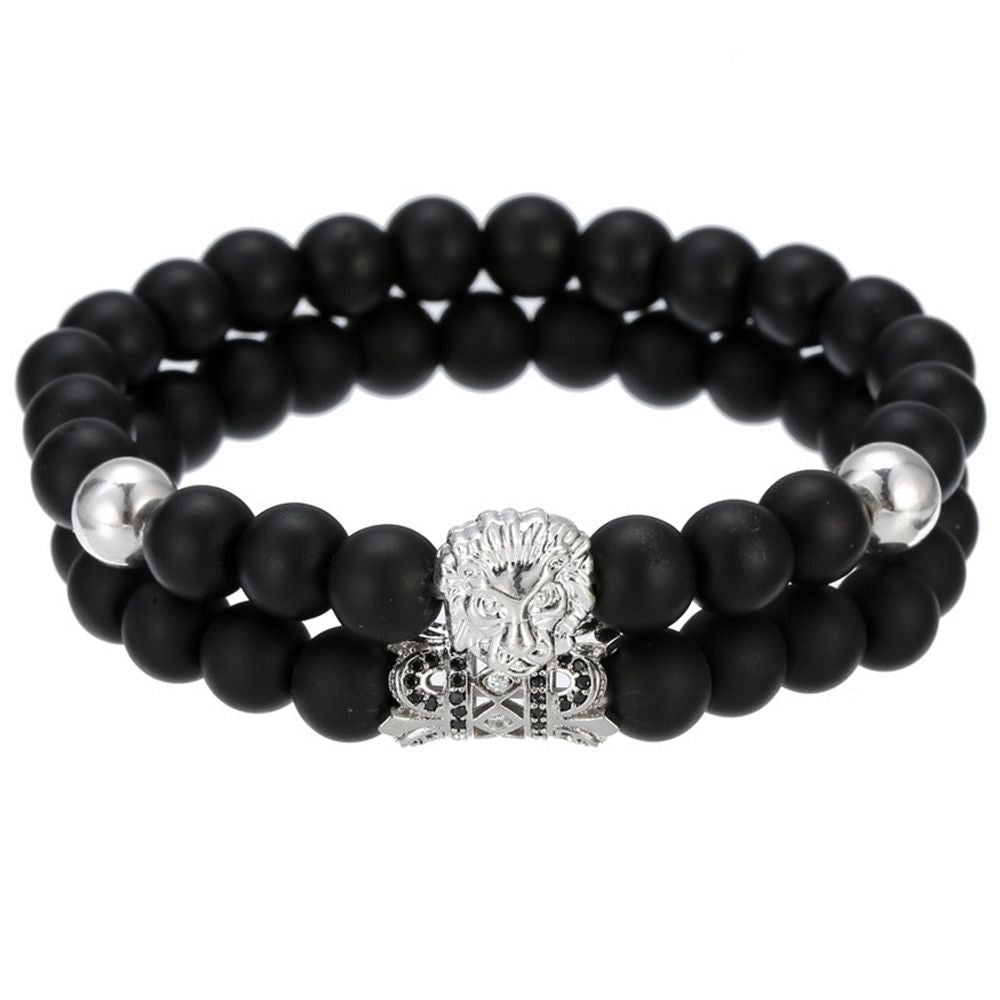 Black Frosted Copper Bead Bracelet Lion's Head Micro-inlaid Round Tube Wristband Bracelet Set