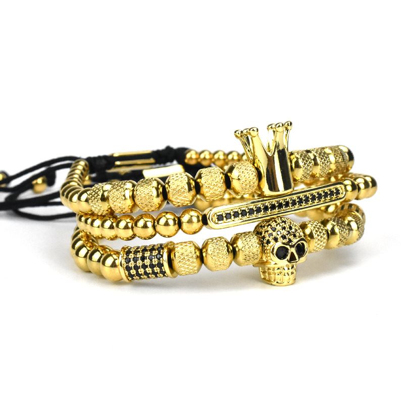 Men's Retro Crown Ghost Head Braided Stainless Steel Skull Bracelet Set