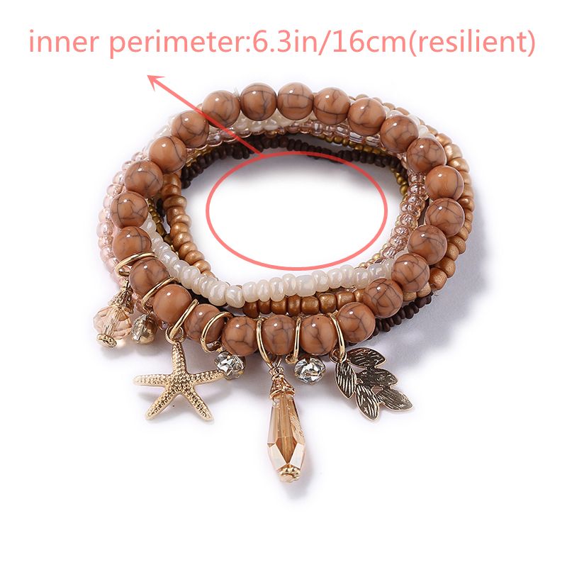 Leaf & Starfish Pendant Beaded Bracelet Boho Style Multilayer Stackable Beaded Bracelet Set Multicolor Hand Jewelry