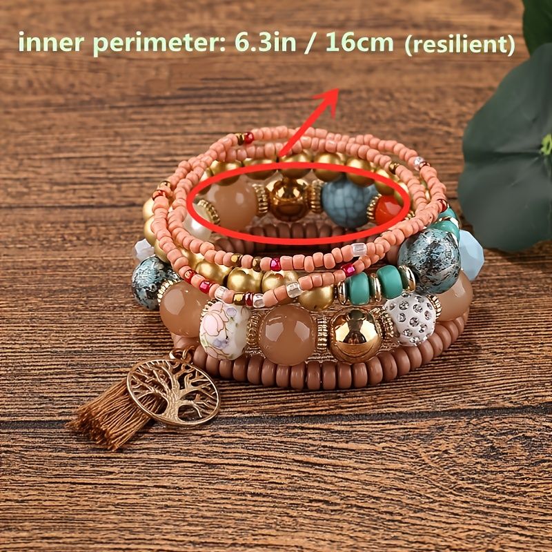 Tree Of Life Pendant Beaded Layered Bracelet Set Fringe Pompomy Charm Bracelet Beaded Jewelry Accessory