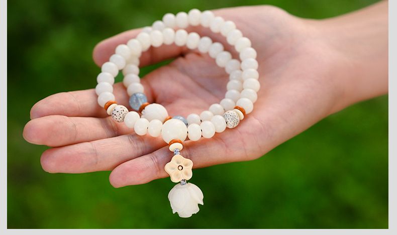Badu Natural White Jade Bodhi Root Lotus Double Circle Bracelet Female Bracelet Ethnic Style Zen Clothing Accessories