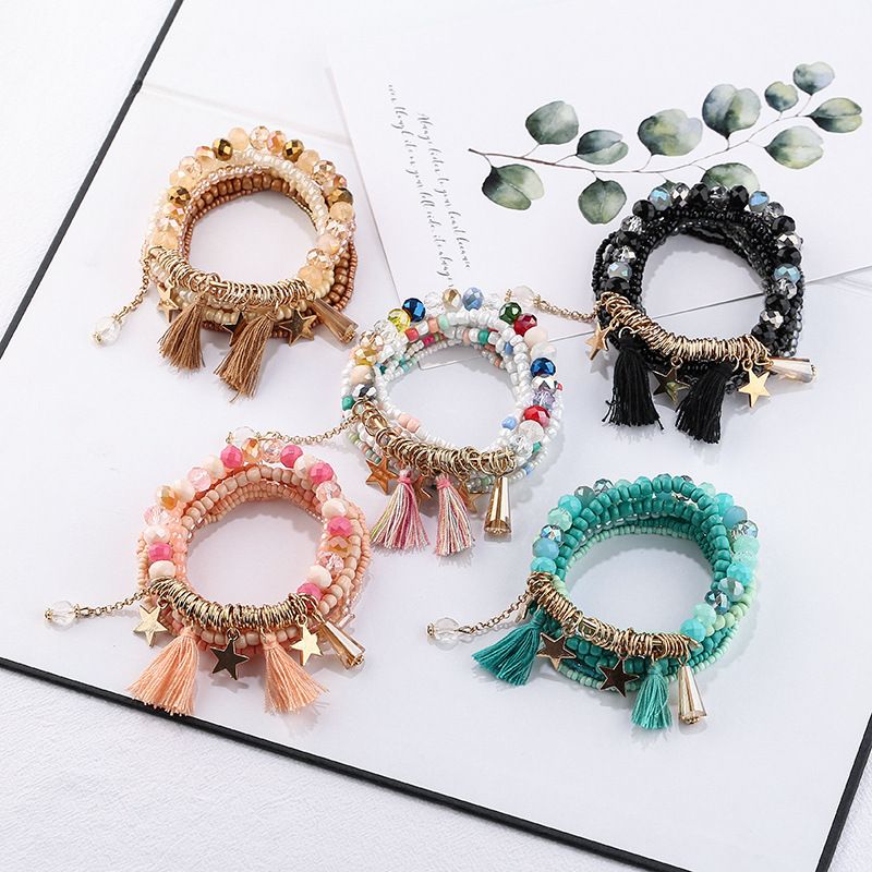 Tassel & Star Pendant Bracelet Boho Style Multilayer Stackable Beaded Bracelet Set Multicolor Hand Jewelry